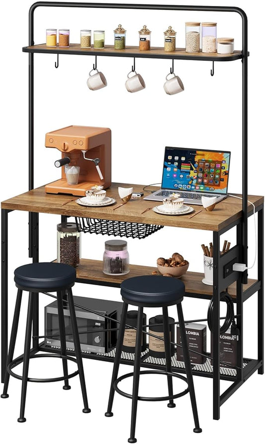Industrial Kitchen Island Dining Table with Power Outlet – 2 Bar Stools, 3-Tier Bakers Rack, Storage Shelves, 5 Hooks, Microwave Stand – Coffee Bar for Dining Room, Living Room, Apartment