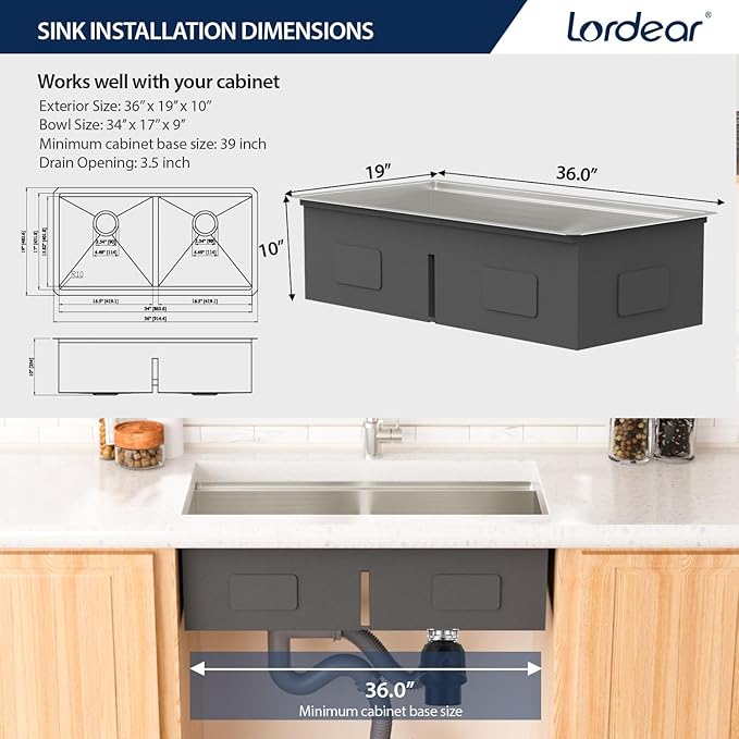 Lordear 36 Inch Undermount Kitchen Sink 50/50 Double Bowl Stainless Steel Kitchen Sinks Low Divided 16 Gauge Undermount Sink 36x19x10 Inch Handmade
