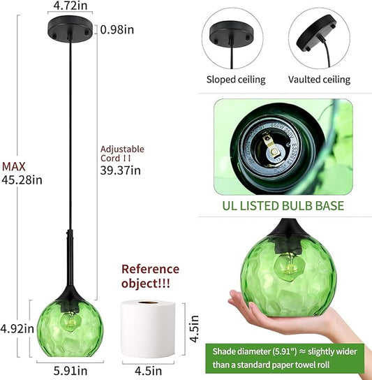 JHLBYL Glass Pendant Lights Kitchen Island: 5.91'' 1-Light Green Hammered Glass Pendant Light with Black Finish - Modern Minimalist Hanging Light Fixture for Kitchen Sink Dining Room - E26 Base