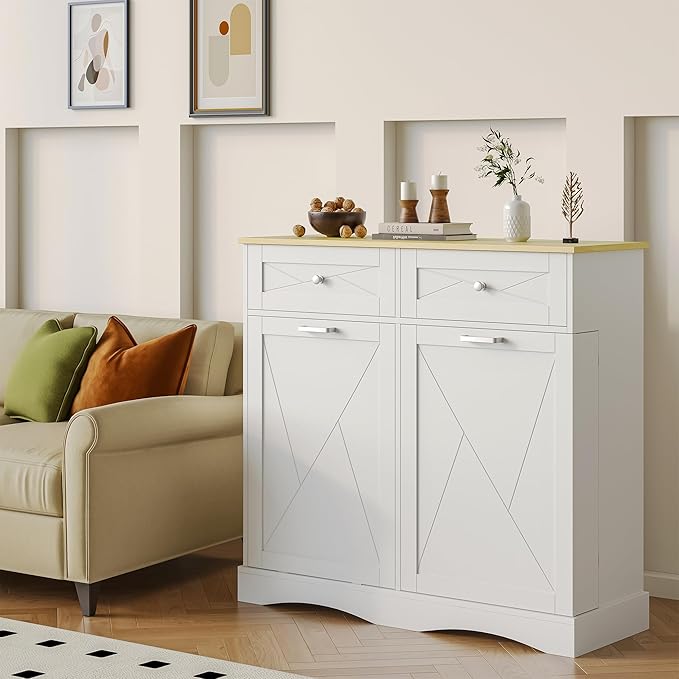 kepptory Tilt Out Trash Can Cabinet for 12 Gallon Trash Can, Modern Kitchen Island Cabinet with Adjustable Shelf and 2 Drawers for Hidden Laundry Basket, Dog Proof Garbage Can, White