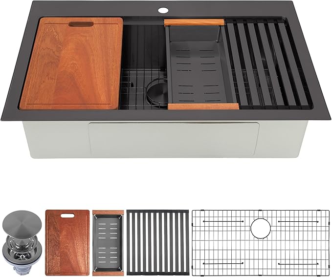 Black Drop In Kitchen Sink 36" X 22",Top Mount 16 Gauge Stainless Steel Workstation Sink,Deep & Large Single Bowl Kitchen Sinks (Black, 36" X 22")
