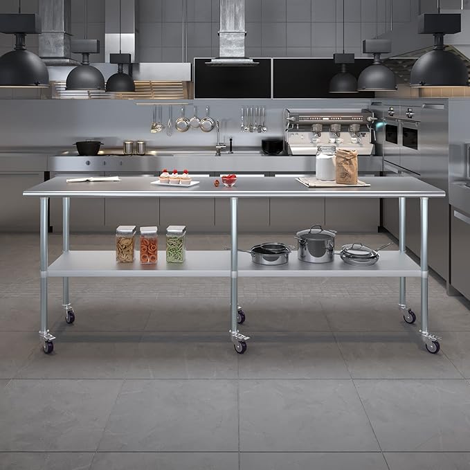 Stainless Steel Work Table with Wheels | NSF Kitchen Island Food Prep | Laundry Garage Utility Bench (Table + Wheels, 96" Long x 24" Deep)