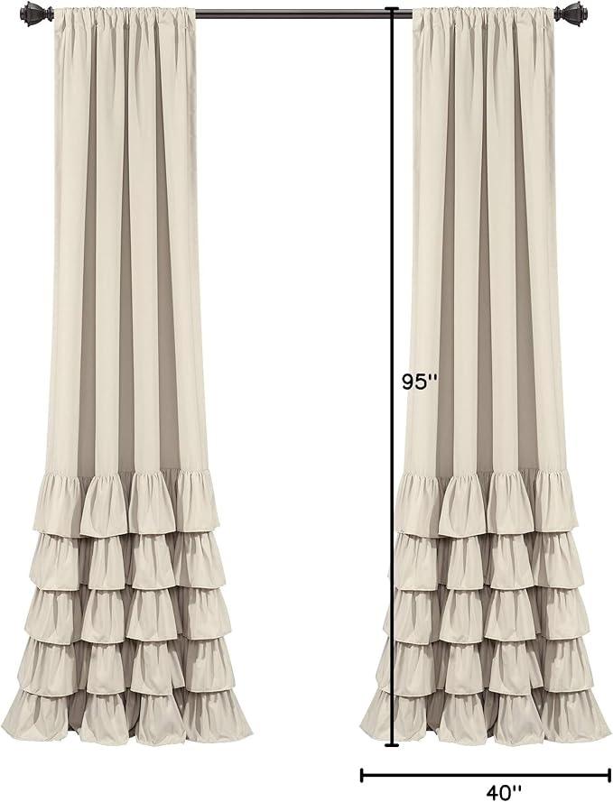 Lush Decor Allison Ruffle Light Filtering Window Curtain Panels Pair 40" W x 95" L Neutral - Coquette Curtains for Bedroom - Drapes - Ruffle Curtains Kids