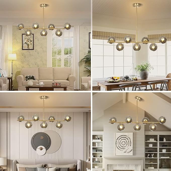 KCO Lighting Mid Century Modern Globe Sputnik Chandelier Gold Brass Linear Pendant Hanging Light Fixture 7-Light Smoke Glass Sphere Chandelier Kitchen Island Dining Room Chandelier