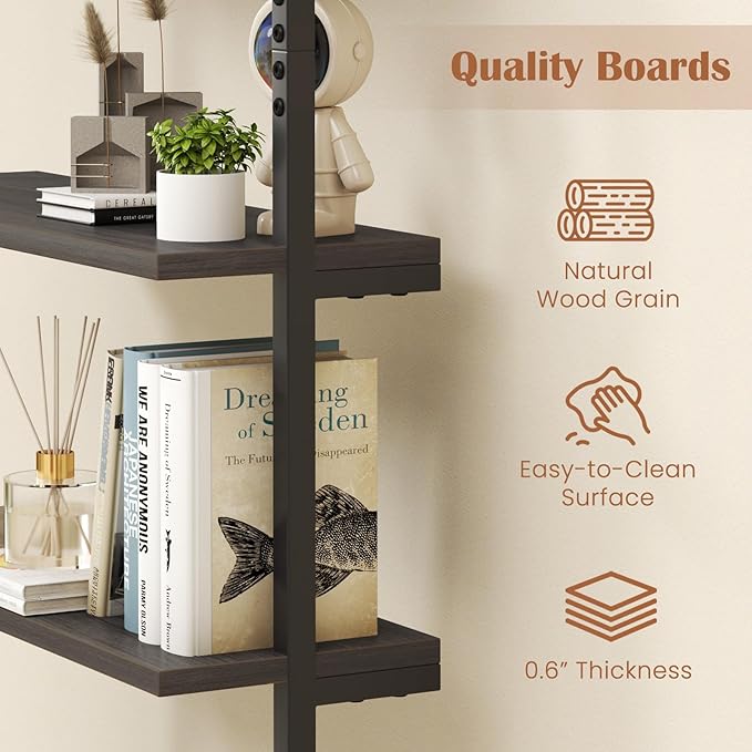 Giantex 6-Tier Ladder Shelf, 72" Wall Mounted Bookshelf with Metal Frame, Industrial Open Storage Shelves, Wooden Bookcase Display Rack for Living Room, Home Office, Bedroom,Gray