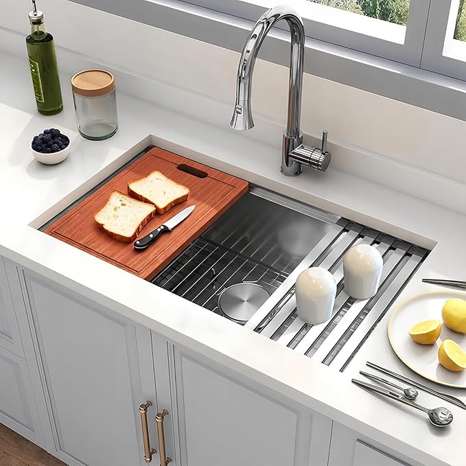 32 Inch Undermount Kitchen Sink, 16 Gauge T-304S Stainless Steel Workstation Sink with Accessories, 32" x 18" x 10" Large and Deep Single Bowl Kitchen Sink for Home, Kitchen and Outdoor