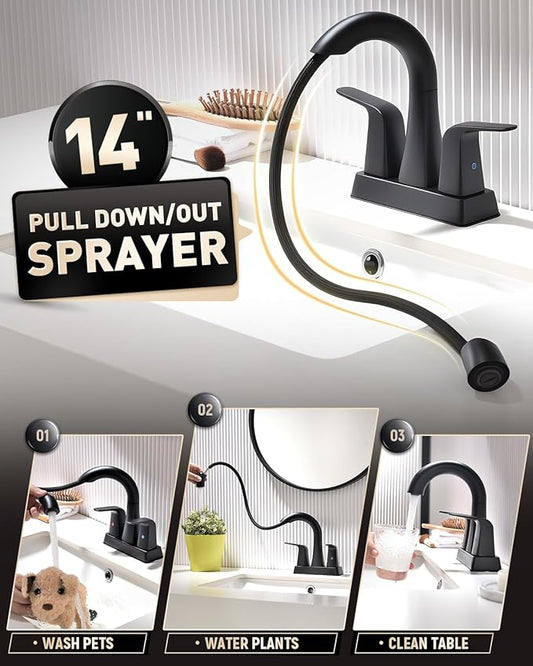 BRAVEBAR Matte Black Bathroom Faucet 4 Inch Centerset 3 Hole, 2 Handle Faucet with Heat-Resistant Pull-Out Sprayer, 360° Swivel Spout & Pop-Up Drain, BF-116B