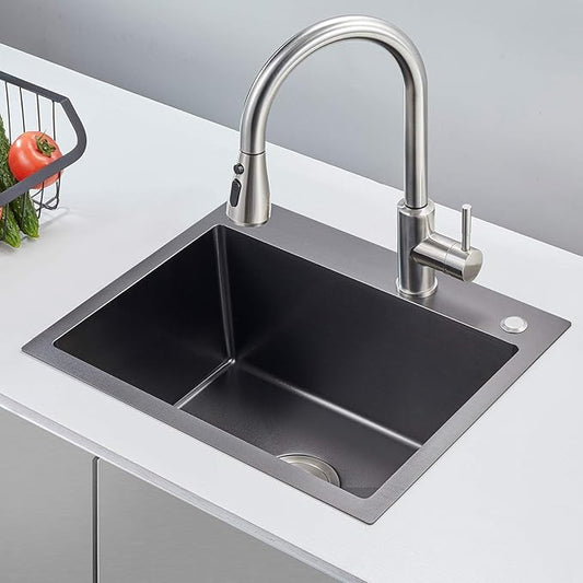 MENATT 20-inch Top-Mount Handmade Kitchen Sink, SUS304 Stainless Steel Drop in Kitchen Single Bowl Sink with Basket Strainer (Black), 20"x16"x9"
