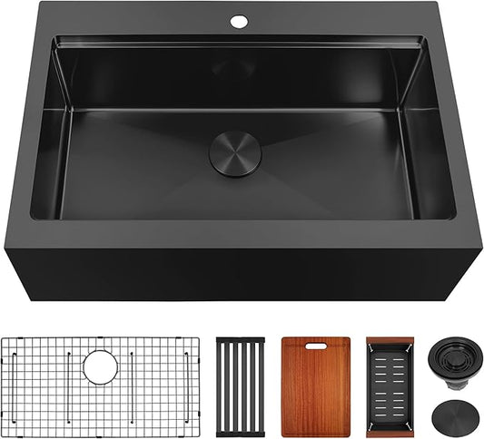 Rhbamoa Black Farmhouse Sink 30 inch,16 Gauge T304 Black Single Bowl Apron Front Kitchen Farm Sink,10 Inch Depth Topmount Farmhouse Kitchen Sinks with All Accessories