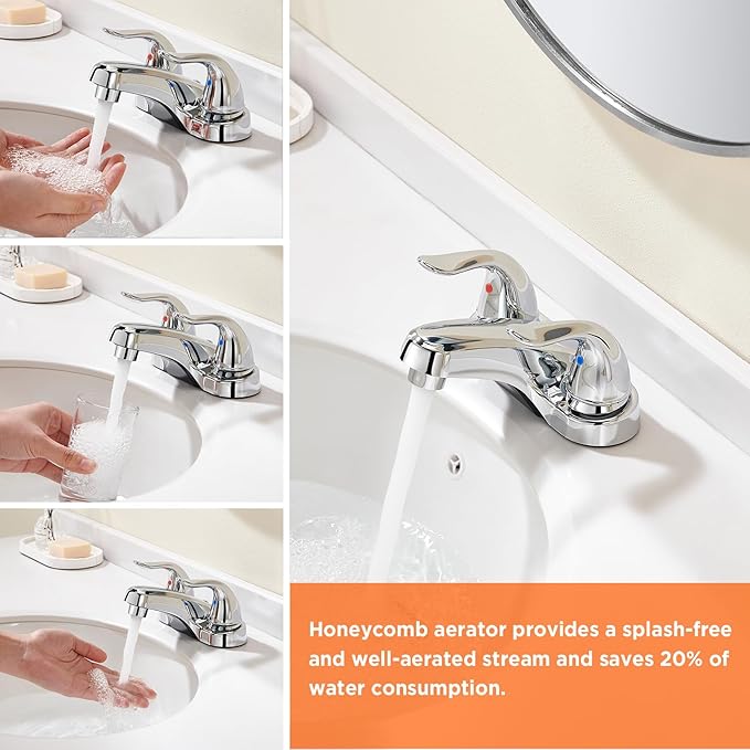 Bathroom Sink Faucets 2/3 Hole,Chrome Plating Dual Handles 4 inch Plastic Plating Over Bathroom Faucet with Pop-up Drain and 2 Supply Hoses for Apartment Rvs Sink Vanity