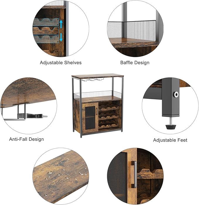 GAOMON Coffee Wine Bar Cabinet with Storage and Detachable Rack, Farmhouse Sideboard and Buffet Cabinet with Glass Holder and Mesh Door, Liquor Coffee Bar Cupboard, Rustic Brown