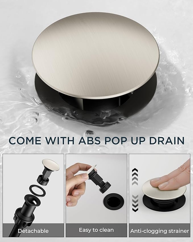 FORIOUS Brushed Nickel Bathroom Faucet Single Hole Waterfall with Single Lever Waterfall Bathroom Faucet 1 Hole for RV, Lavatory Sink Tap with Adapter Deck Plate, Pop Up Drain and 24" Hose