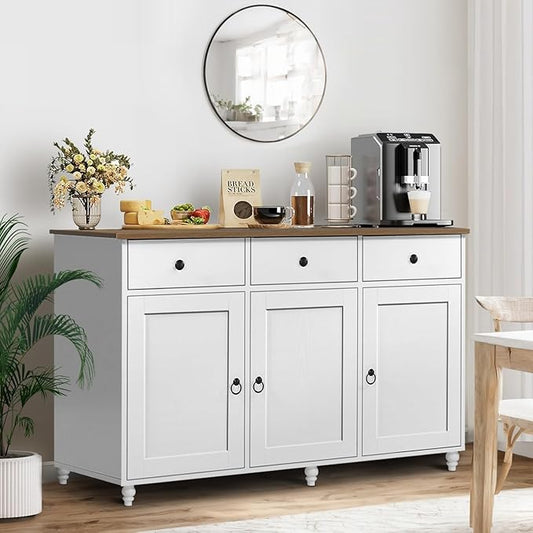 4 EVER WINNER Sideboard Buffet Cabinet with Storage, 47" Kitchen Sideboard with 3 Drawers and 3 Doors, Buffet Table for Kitchen, Modern Dining Room Cabinet, White