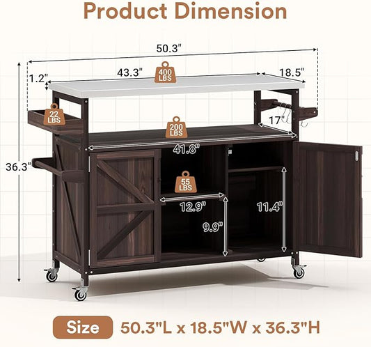 Zevemomo Outdoor Grill Cart with Storage Space, Stainless Steel Tabletop Outdoor Kitchen Island, Fir Wood Outdoor Buffet Cabinet with Lockable Casters for Grilling, Brown