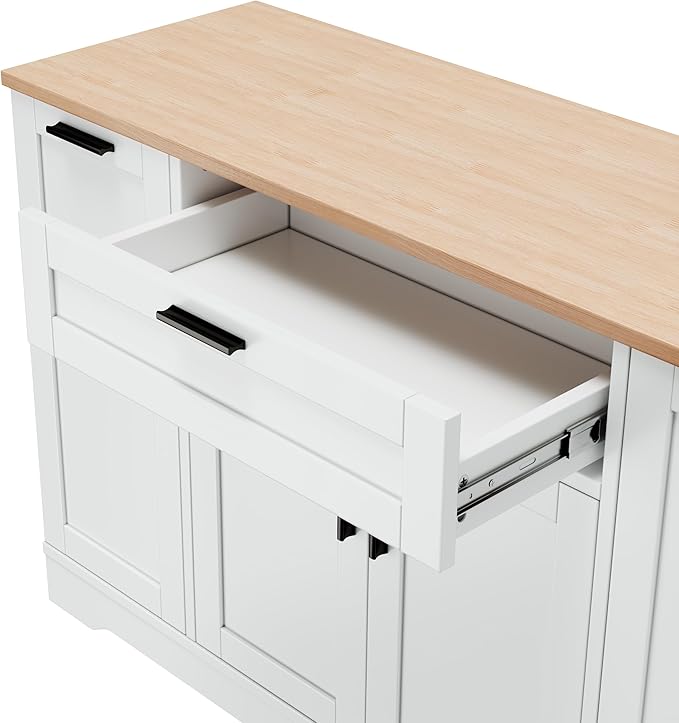 Multi-Functional Kitchen Island Storage Cabinet with 3-Tier Pull-Out Rack with Guardrails, Modern Buffet Sideboard with Adjustable Shelves, Storage Piece for Living Room or Entryway (White)