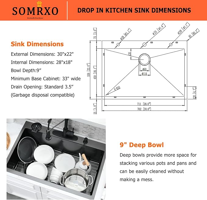 30×22 Drop In Kitchen Sink with Faucet Combo - Black Stainless Steel Drop In Sink with Cup Washer, 9 Inch Deep Single Bowl Sinks and Faucets Combo Set,Top Mount Design for Modern Kitchens