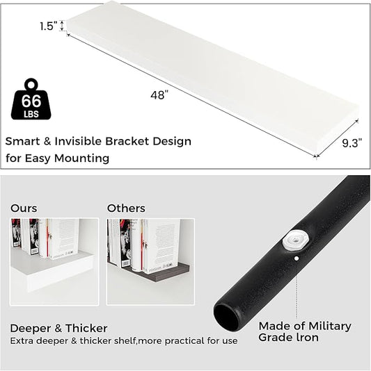 Venusmiles Floating Shelves for Wall, Engineered Wood Wall Shelves with Invisible Brackets for Living Room Bedroom Bathroom Office Kitchen Decor and Storage (White, 48" W x 9" D x 1.5" H) Set of 2