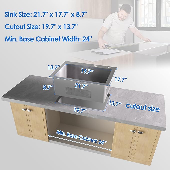 ROVOGO 21.7"x17.7"x8.7" Kitchen Sink Drop-in, 304 Stainless Steel Single Bowl 2-Hole, Top Mount Handmade Bar Prep Sink with Drain Assembly, Brushed