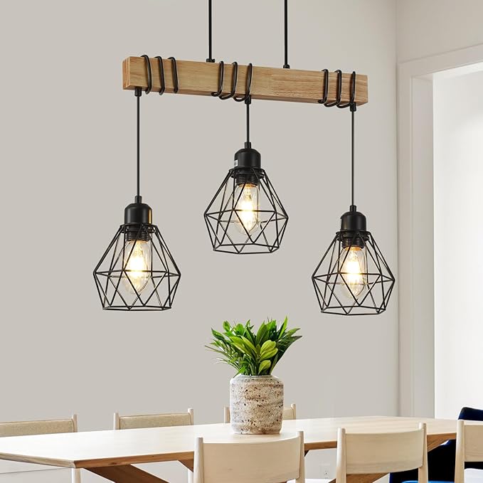 20" Farmhouse Kitchen Light Fixture, Black Hanging Kitchen Chandelier, 3-Light Rustic Dining Room Light Adjustable Height with Wood and Metal Frame, Suit for Farmhouse, Industrial Style