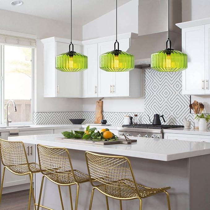 Green Glass Pendant Light Fixture Modern Hand Blown Pendant Lights with Large Glass Shade, Mid Century Pendant Light Green Globe Hanging Lighting for Dining Bedroom Table Kitchen Island