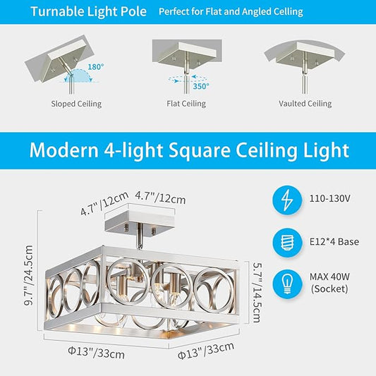 XINGQI Brushed Nickel Ceiling 4-Light 13'' Modern Semi Flush Mount Ceiling Light Fixture Rustic Chandelier Ceiling Lamp for Bedroom Living Dining Room with Square Metal Shade, E12 Bulbs