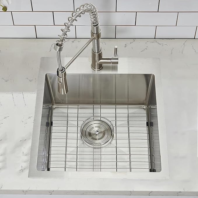 18 Inch Drop In Bar Sink, 18 x 18 Stainless Steel Single Bowl Top Mount Drop In Bar Wet Prep RV Outdoor Kitchen Sink, 16 Gauge Brushed Nickel