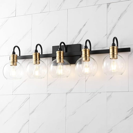 JONATHAN Y 36.5" Black/Brass Gold Vintage Wall Sconce, LED Vanity Light for Bathroom Bedroom Entryway, Clear Glass Globe Shade, Modern Industrial Arched Lamp, LED Bulb Included (JYL3556A)