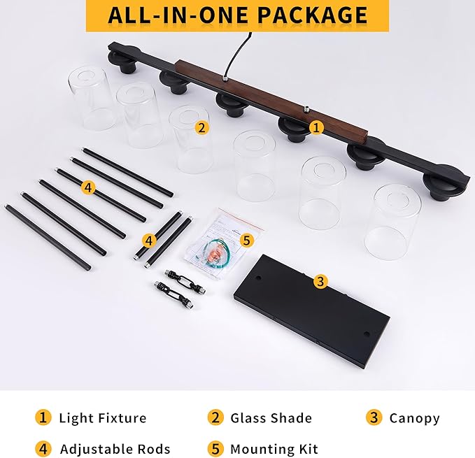 Mecgirn Farmhouse Dining Room Light Fixtures Over Table, Black Pendant Lights for Kitchen Island, 6 Light Large Linear Chandelier Lighting with Wood
