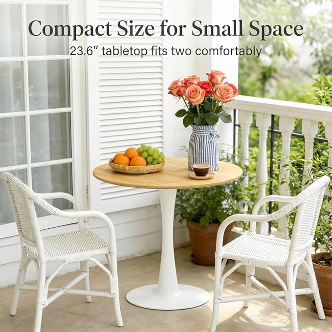 24" Small Round Dining Table for 2 – Durable & Well-Made Tulip Table with Sturdy Metal Frame, Compact 2-Seater Kitchen or Dining Room Table for Small Spaces, Apartments, Café, Restaurant, Office
