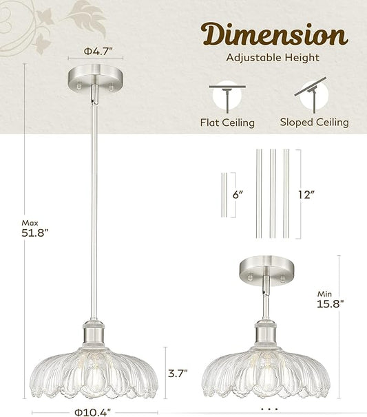 FEMILA 10.4" Brushed Nickel Pendant Lighting, Flower Glass Pendant Light Vintage Light Fixtures for Bedroom Hotel Dining Room, 4FJX82MIL BN