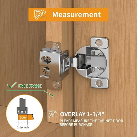 Chibery 2 Pack 1-1/4" Overlay 3D Soft Close Concealed Hinge, Face Frame Door, Small Angle Slow Close, Self Closing Hidden Satin Nickel, 105° Concealed Stainless Steel Hinges for Kitchen Cabinet Door