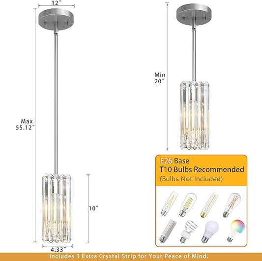 Nickle Sand Pendant Lights Kitchen Island,Modern 10"K9 Crystal Pendant Lighting Fixture,Adjustable Rods Small Hanging Light with Flat or Sloped Ceiling Mount,for Island Dining Room Kitchen Sink 1Pack