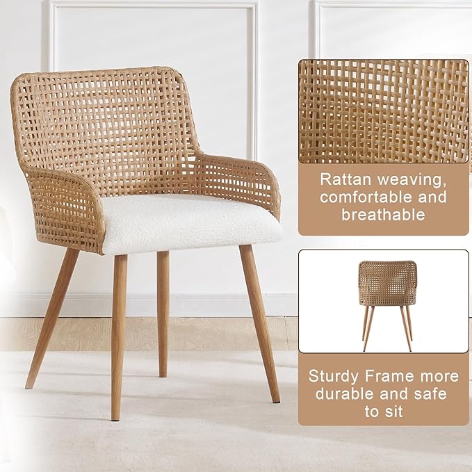 Rattan Dining Chairs Set of 4,Upholstered Modern Dining Room Chairs with Boucle Cushion,PE Cane Back Kitchen Chair with Armrest for Farmhouse, Kitchen,Restaurant