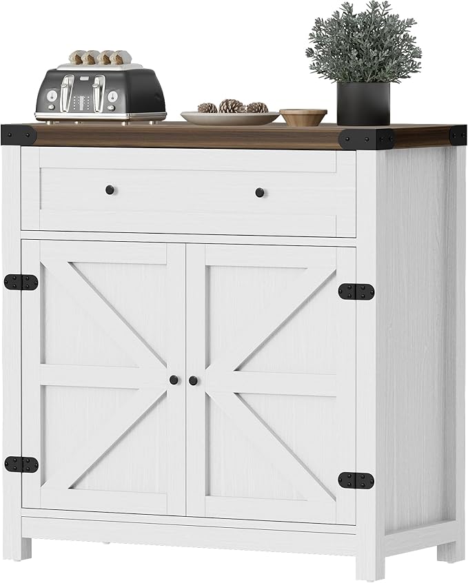 Flamaker Sideboard Buffet Cabinet with Storage, Farmhouse Coffee Bar Cabinet with 1 Drawer and 2 Barn Doors, Barn Door Console Table, Storage Cabinet for Kitchen, Dining Room, Entryway (White)