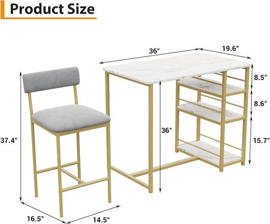 Takywep 3 Piece Dining Table Set for 2 with 3 Large Storage Shelves, Kitchen Table and Chairs for 2 with Pu Cushion Chairs & Thick Wood Top, Dining Table Set for Small Space, Apartment, Gold