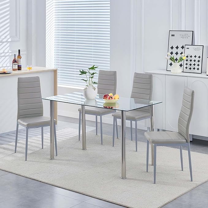 Glass Dining Table for 4-6, Modern Dining Room Table with 51.2" Clear Tempered Glass top and Chrome Silver Legs for Kitchen, Small Space