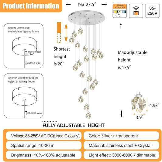 20-Light Modern Crystal Chandeliers for Staircase Foyer High Ceilings Chandeliers Long Spiral Crystal Chandeliers,K9 Crystal Drop Chandelier D28XH135inch