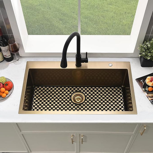 33 Inch Gold Drop In Kitchen Sink with Faucet Combo-Brovy 33x19 Drop-In Top Mount Kitchen Sink Brushed Gold 18 Gauge Deep Single Bowl Kitchen Sink with Mat&Drainer