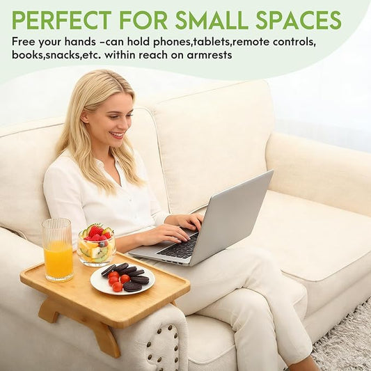 SINWANT Couch Arm Table Tray, Bamboo Sofa Arm Clip on Side Tables, Foldable Arm Rest Table for Home, Couch Arm Tray for Small Spaces Drink Eating Dinner