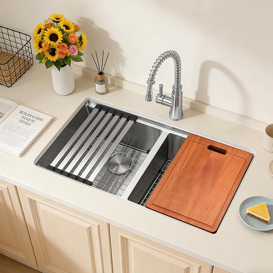 MILOSEN 32''x18'' Double Bowl Undermount Kitchen Sink, T304 Stainless Steel 50/50 Workstation Sink with 10'' Deep Basins & Custom Accessories, Large Handmade Sinks, Modern & Stylish Design