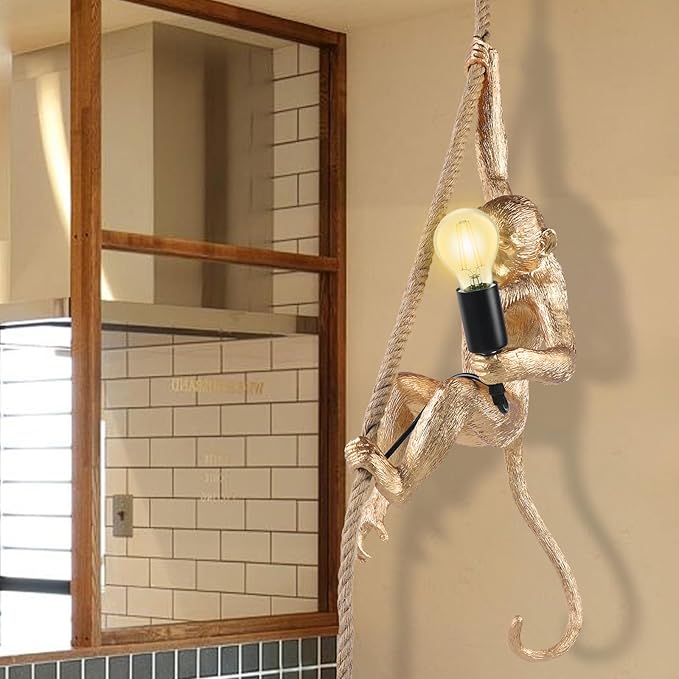 Vintage Monkey Pendant Light Retro Resin Hemp Rope Monkey Lamp 13.7 x 78.7 Inch Hanging Light Fixture E26 Chandelier Ceiling Pendant Lamp for Dining Living Room Bar Cafe (Gold - Pendant Light)
