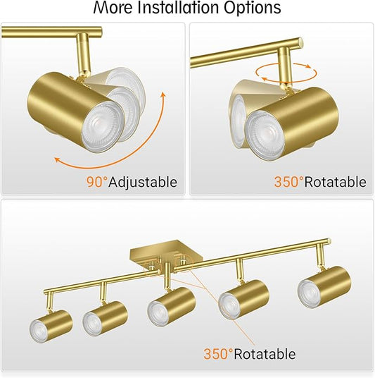 BoostArea 5 Light Track Lighting Fixtures Ceiling, Gold Kitchen Lighting Fixtures Ceiling, LED Track Lighting Kit, Rotatable Light Heads, Modern Track Lights for Kitchen/Living Room/Hallway, No Bulb