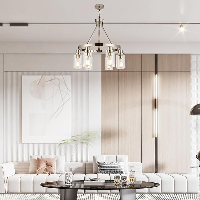 Brushed Nickel Chandeliers 6 Light Modern Dining Room Lighting Fixtures Hanging, Kitchen Island Linear Pendant Lights Farmhouse Flush Mount Ceiling Light with Glass Shade