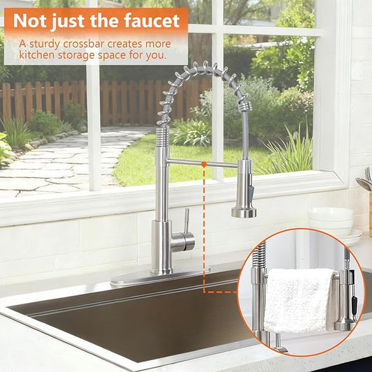 VCCUCINE Kitchen Faucet with Pull Down Sprayer Brushed Nickel Stainless Steel 1 Handle Pull Out Spring Sink Faucets 1 Hole Or 3 Hole Dual Function for Outdoor Utility Camper Laundry Rv Wet Bar