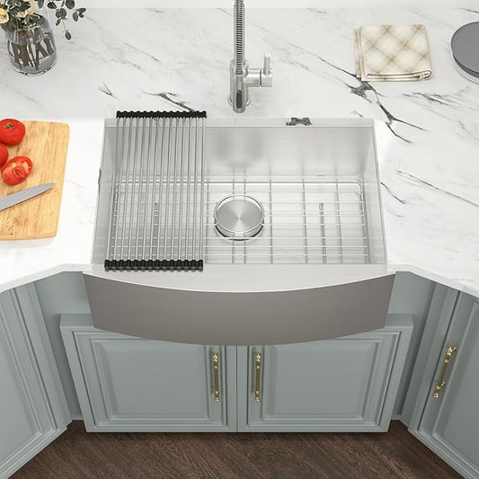 Kichae Stainless Steel Farmhouse Apron Front Single Bowl Kitchen Sink - 27 Inch, 16 Gauge, Round Corner Basin