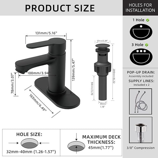 BELZ Bathroom Faucet, Single Handle Matte Black Sink Faucet for 1 or 3 Hole Installation, Modern Lead-Free Metal Vanity Faucet with Pop-Up Drain & Supply Hoses (Matte Black)