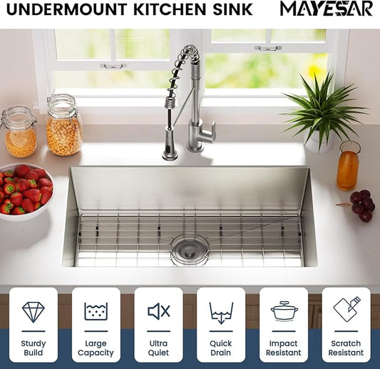 MAYESAR 30 Inch Undermount Kitchen Sink - 30 x 18 Stainless Steel Kitchen Sinks 16 Gauge Single Bowl 9" Deep Handmade Sink with Brushed Finish, Round Corner