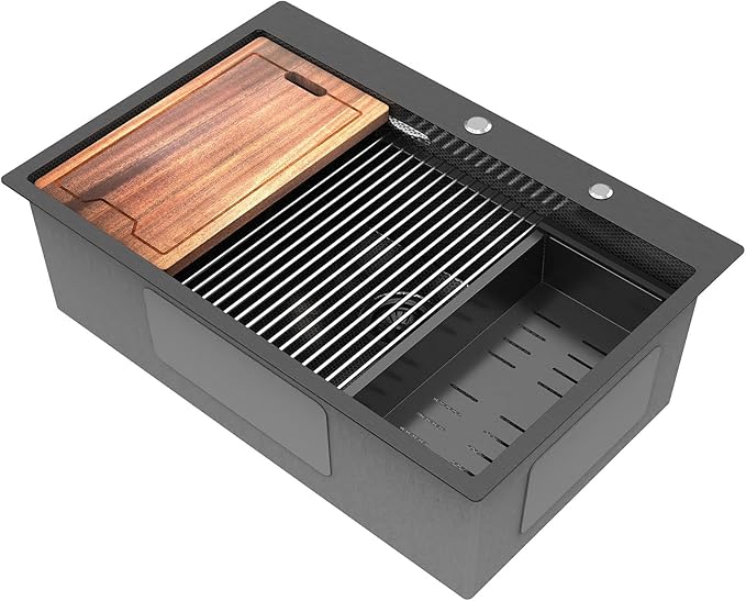 33inch Drop In Kitchen Sink Metal Black - Feibus 33x22x10 Sink with Double Step Workstation 16 Gauge Honeycomb Embossment Stainless Steel Single Bowl