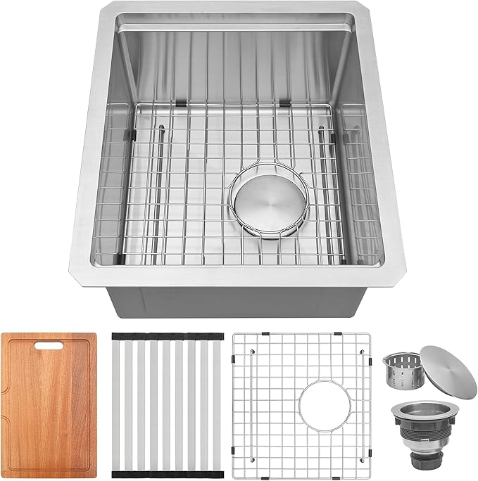 Bar Sink Undermount 16 X 18 inch,16 Gauge Stainless Steel Bar Sink Offset Drain Design,Outdoor Small RV Sinks,Wet Bar Prep Sink with Workstatin (16" X 18")