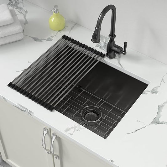 Sarlai Black Undermount Laundry Sink 24 Inch - 13 Inch Deep Undermount Laundry Utility Gunmetal Black Sink Single Bowl Kitchen Sinks 16 Gauge Stainless Steel Laundry Tub Sinks Basin 24"x19"x13"